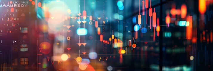 Poster - Double exposure image featuring a forex chart overlaid on a city view, blending financial data with urban landscapes