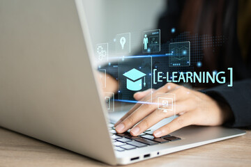 Fototapete - E-learning education, internet lessons and online webinar. Person who attends online lessons on a digital screen. Education internet Technology. Education Distance E-learning Online Learning..