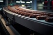 Chocolate bars stacked in rows on a conveyor belt in a factory