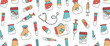 Medical doodle seamless pattern, medicine print. Modern hand drawn first aid kit, syringe, stethoscope, vial, pills, vaccine on white background. Healthcare color textile. Vector illustration