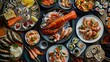 View of a table laden with an assortment of seafood dishes, including grilled fish, shrimp cocktail, lobster tails