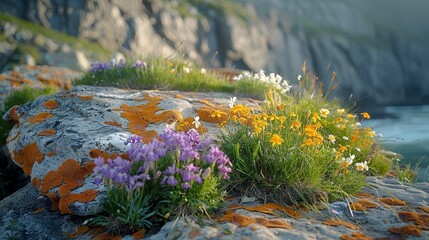 Wall Mural -   A collection of blooms sprouting from a rock next to a body of water, surrounded by a rugged cliff behind