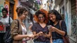 Three happy young friends watching a smart phone mobile outdoors - Millennials women using cellphone on city street - Technology, social, friendship and youth concept. looking at their phone