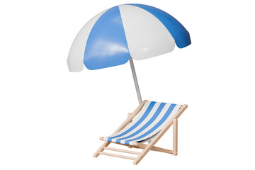 3d Beach chair and Umbrella icon. Summer tropical on a sunny day. Summer vacation concept, Time to travel concept. Minimal 3d Realistic Beach Umbrella icon creative design. 3d rendering illustration.