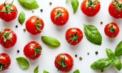 Canvas Print - A bunch of tomatoes and leaves on a white surface. Generative AI.