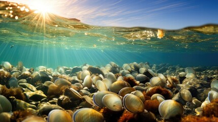 Sticker - The sun shines brightly over a sea bed of shells. Generative AI.