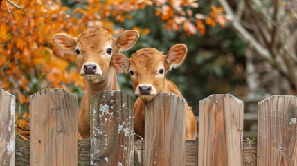 Wall Mural - two brown cows stand beside each other atop a verdant field nearby, a wooden fence borders the scene