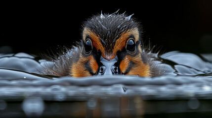 Poster -   A tight shot of a bird dipping its head into the water