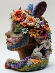 Canvas Print - A knitted woman's head with flowers and a rabbit. Generative AI.