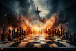 Dramatic chess war scene with explosions and debris on a chessboard cityscape