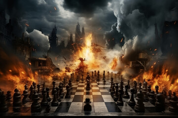 Wall Mural - Dramatic chess war scene with explosions and debris on a chessboard cityscape