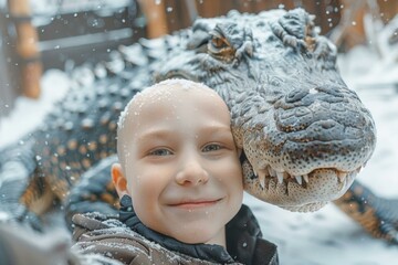 Canvas Print - A young boy with a large alligator on his head in the snow. Generative AI.