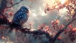   A blue owl perches on a tree branch, surrounded by red leaves Sun rays filter through the clouds behind