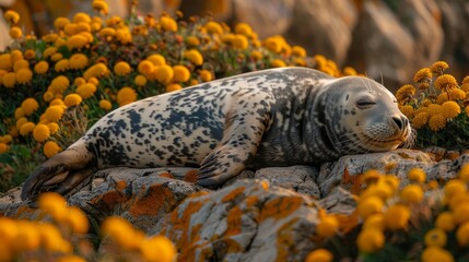 Canvas Print -   A grey seal atop rocks near an orange-yellow wildflower field