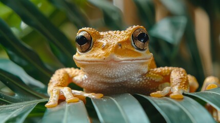 Wall Mural -   A tight shot of a frog atop a green leaf against a backdrop of out-of-focus green foliage and the frog's hazy, blurred eyes