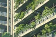 Digital illustration of a high-rise building with balconies overflowing with rich greenery. Conceptual urban eco-living with lush vertical gardens in a residential complex.