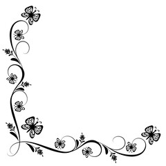 Poster - Floral corner ornament with flowers, butterflies and foliage in retro style isolated on white background.