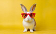 Cute rabbit with red glasses, isolated on yellow background. Space for text.