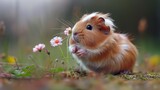 Fototapeta Tulipany -   A hamster, brown and white, stands atop a grassy field Nearby, a pink and white flower blooms