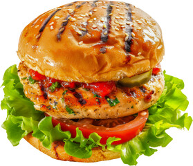 Wall Mural - Grilled chicken burger with fresh vegetables cut out png on transparent background