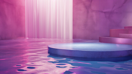 Background water podium product 3d cosmetic abstract platform blue beauty. Render background podium water scene red display set backdrop presentation purple wall floor stone stand object minimal