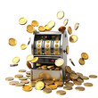 lucky slot machine and golden coins on purple background.