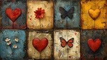Decorative Grunge Jumbo Cards With Romantic Themes: Flowers, Hearts, Butterflies