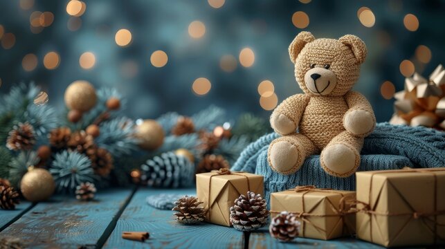 A Christmas fun postcard with gift boxes stacked on top of a teddy bear. Seals, stamps and copy space are included.