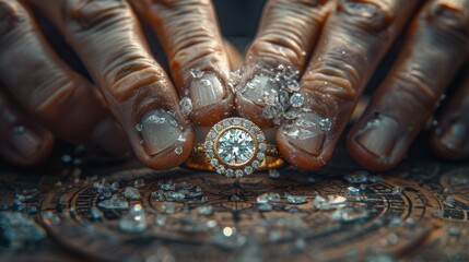 Wall Mural - An unfinished 22 carat gold ring that has a big diamond in it with his hands hard at work on a grunge paper background