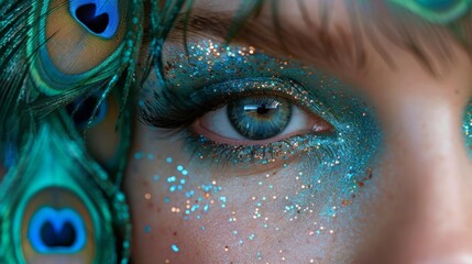 Wall Mural - Stunning woman with blue and bronze metallic eyeshadow and long false lashes behind peacock feathers