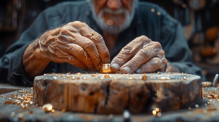 Wall Mural - An elderly goldsmith works on an unfinished 22 carat gold ring