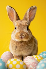 Poster - A cute rabbit sitting among colorful Easter eggs. Perfect for Easter holiday designs