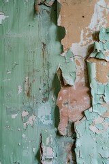 Poster - Weathered green wall with peeling paint, suitable for backgrounds and textures