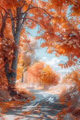 Aufkleber - A scenic painting of a road surrounded by trees. Ideal for travel brochures or nature-themed designs