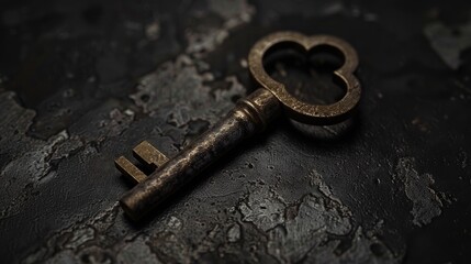 Poster - An old key laying on a table. Suitable for vintage, antique, or security concepts