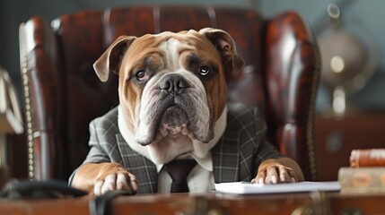Poster - A dog wearing a suit sitting at a desk. Perfect for business and office-related concepts