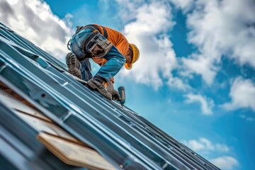 Poster - A man working on a metal roof under the bright sun. Suitable for construction industry concepts