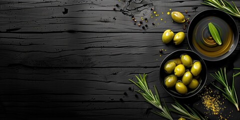 Poster - Fresh olives and rosemary sprigs on rustic wooden table. Perfect for food blog or Mediterranean cuisine menu