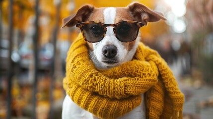 Aufkleber - A fashionable dog wearing sunglasses and a yellow scarf. Perfect for pet accessories or summer fashion concepts