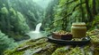   A plate bearing a slice of cake sits next to a jar of peanut butter on a moss-covered log