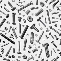 Wall Mural - Various screws and nuts on a white background, suitable for industrial and construction themes