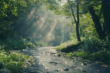 Poster - Serene stream flowing through vibrant forest, ideal for nature themes