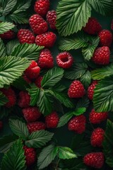 Canvas Print - A bunch of ripe raspberries with vibrant green leaves, perfect for food and health-related designs