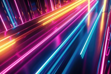 Poster - A close-up of neon lights in a dark room. Ideal for urban, nightlife, or technology concepts