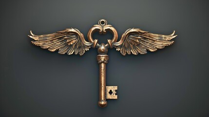Poster - A golden key with wings attached to it. Can be used for concepts of success, achievement, and unlocking opportunities