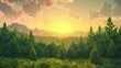 3d rendering of cartoon  forest landscape Panorama of a beautiful sunrise