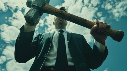 Poster - Businessman in formal attire holding a hammer, versatile image for various concepts
