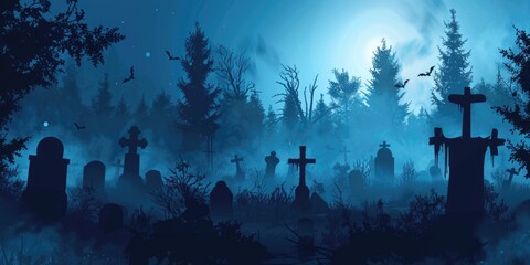 Poster - A spooky cemetery under the full moon. Ideal for Halloween-themed projects