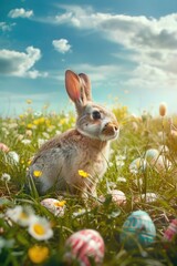 Poster - A cute rabbit sitting in the grass surrounded by colorful Easter eggs. Perfect for Easter-themed projects