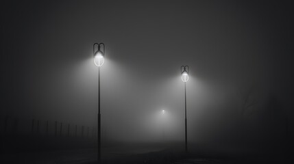 Two street lights shining in the fog,minimalist style with a dark and moody tone